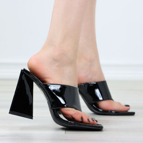 New Squared Open Toe Thong Flip Flop Stiletto Heel Slide Sandal Mules Patent - Picture 5 of 11
